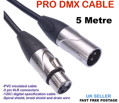 DMX Cable 3pin XLR Male to Female - PRO SPEC 5 METRE UK Seller