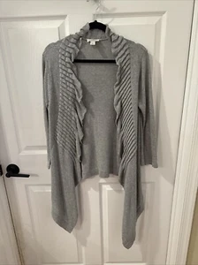 Ann Taylor Women’s Ruffled Trim Heather Gray Drape Front Cardigan Sweater M - Picture 1 of 7