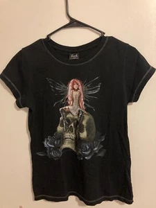 Vintage Skull & Fairy Trick Fairies T-Shirt Goth Black XL 16.5 X 22 Baby Tee Y2K - Picture 1 of 13