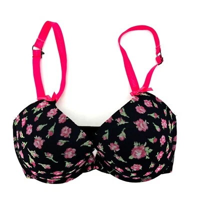 Betsey Johnson Intimates Bra 32DD Black with Pink Floral Rose Pattern Lingerie - Image 1 of 4