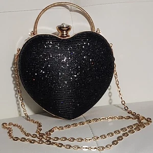 Sequins Bling Heart Crossbody/Clutch/Shoulder Bag w/ Chain Strap-Black - Picture 1 of 3