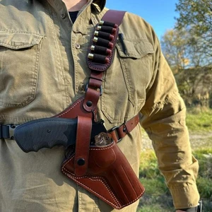 Leather Revolver Chest Gun Holster with Bullet Loops for Colt/S&W/Taurus Models. - Picture 1 of 5