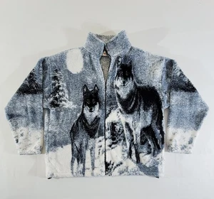 Vintage Winter Wolf Mens Large Jacket Fleece All Over Print Wolves Streetwear - Picture 1 of 4