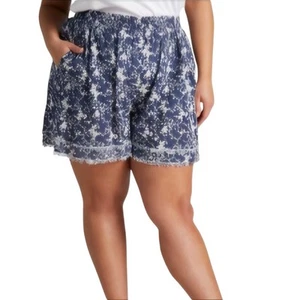 Cotton Bleu 3X Shorts Navy Blue & White Floral Print Elastic Waist Pockets NWT - Picture 1 of 6