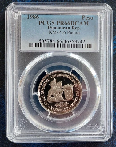 🔥DOMINICAN REPUBLIC 1 PESO PROOF COIN 1986 YEAR KM#P16 PIEFORT PCGS PR66 TOP 🥇 Cover