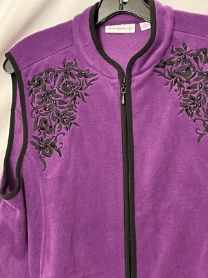 SUSAN GRAVER Women Size L Vest Fleece Purple Black Full Zip Embroidered Beaded - Image 1 of 4