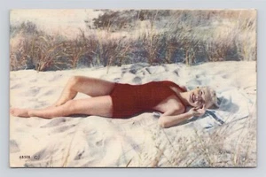 Pretty Blonde Lady Red Swimsuit Laying On The Sand Beach Vintage Linen Postcard - Picture 1 of 2