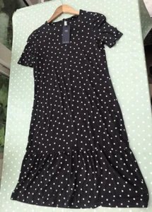 new M&S stretchy jersey dark grey polka dot dress size 6L fits 8-10 - Picture 1 of 4