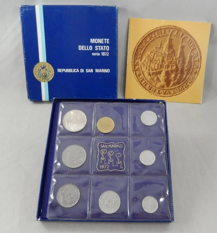 Vintage BU 1972 San Marino 8 Coin Mint Set w/ Box Stamps & Silver 500 Lire CB733 Cover
