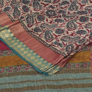 Sanskriti Vintage Sarees Ivory Pure Georgette Silk Print Sari 5+Yd Craft Fabric - Picture 1 of 12