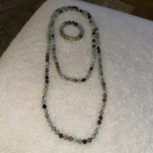 60" amazonite beaded necklace And Stretch Bracelet Seafoam Green, Brown, Cream - Picture 1 of 5