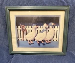 Pre Owned Blue And White Geese Walking Past A Picket Fence Portrait In A Frame - Picture 1 of 2