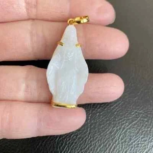 14K Echt Gold Die selige Jungfrau Maria Schnitzerei natürliche weiße Jade Klasse A Anhänger - Bild 1 von 12
