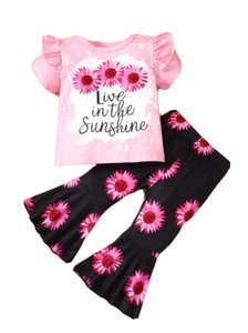 New Boutique Girls 5 Short Sleeve Ruffle Pink Sunflowers Bell Pants Outfit Set - Picture 1 of 3
