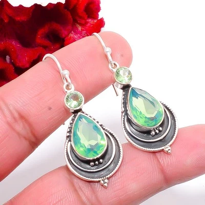 Green Milky Opal & Green Amethyst Oxidised 925 Sterling Silver Earring 1.76 Sk18 - Image 1 of 4