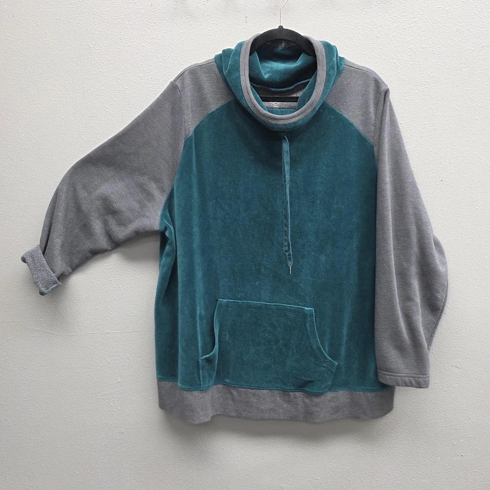 Sudadera St Johns Bay Active para mujer 2X gris azulado capucha cuello terciopelo bloques de colores Foto 1 de 4