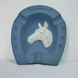 Blue Jasperware-Style Horseshoe Ring Dish/Ashtray Horse Head Relief Unmarked - Picture 1 of 10