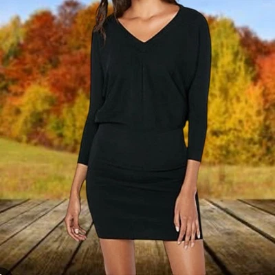 Express M black v-neck dolman sleeve ribbed sweater dress - Image 1 of 4