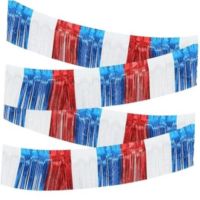 4 paquetes de 10 pies de largo con flecos de lámina 4 de julio guirnalda conmemorativa roja blanca azul Foto 1 de 4