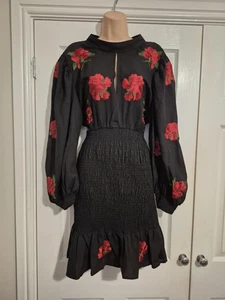 ASOS DESIGN black & Red Rose Detail 3/4 Sleeve Occasion Dress Size 18 - Picture 1 of 3