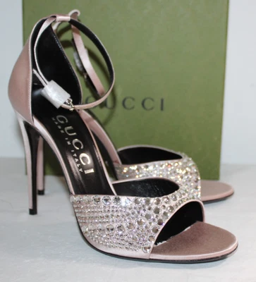 NWB Gucci Satin Crystal Nude Skin Rose GG Ankle Strap Heels Sandals 40 749832 - Image 1 of 4