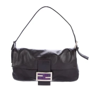 FENDI Leather Flap Baguette chocolate lamb skin silver hardware indigo satin - Picture 1 of 11