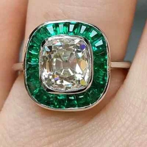 Old Mine Kissenschliff Moissanit Smaragd Halo Verlobungsring Vintage Brautring - Bild 1 von 3