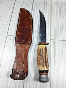 Vintage Solingen Germany Knife & Leather Sheath Stag Handle Needs Tightened - Picture 1 of 24