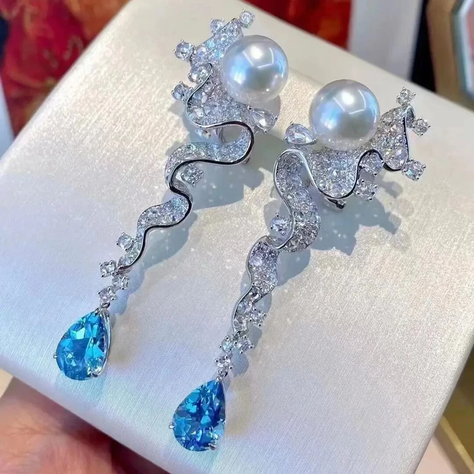 5Ct Round Cut Lab-Created White Pearl Drop/Dangle Earrings 14K White Gold Plated - Image 1 of 4