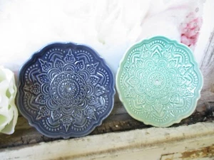 Seifenschale rund Keramik Steingut Kerzenteller Mandala Bunt Hippie blau grün - Bild 1 von 2