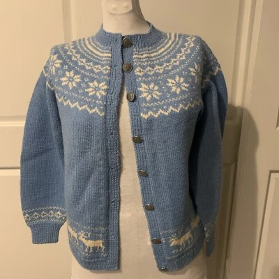O. Allers A Bergen Norway Cardigan S/M Hand Knit Wool Blue W/Reindeer Vintage - Image 1 of 4