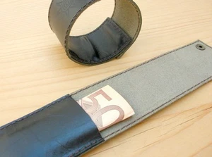 POLSINO BRACCIALE ARTIGIANALE PELLE CUOIO UOMO DONNA TASCA SEGRETA LOGO - Foto 1 di 2
