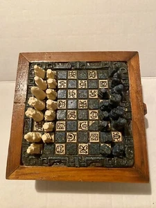 Vintage Mini Mayan Aztec Wood Chess Board Blue Green White 7 1/2” Missing Pieces - Picture 1 of 6