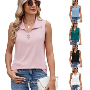 Summer Ladies Zip V neck Blouse Loose Tops Sleeveless Tank Shirt Tunic Stretchy - Picture 1 of 12
