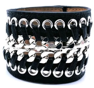 Ladies Leather Laced & Chain Design Adjustable Bracelet Wide Cuff - Picture 1 of 3