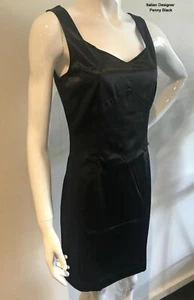 Italian Designer Penny Black Black Satin Short Stretchy Dress IT Size 44 S-M NEW - Picture 1 of 12