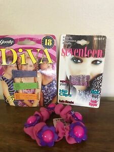 VTG 1990s Lot Mini Bobby Pins: Purple Lime Orange, Pink Glitter, Pink Scrunchie