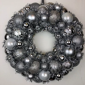 Christmas Ornament Wreath Silver 16x16 Holiday Wreath Wall Art Winter Decor - Picture 1 of 6