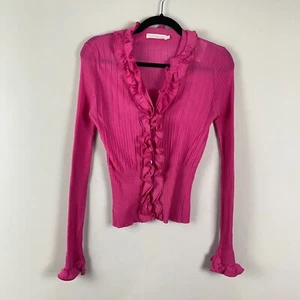 Anne Fontaine Pink Parfaite Ruffled Ribbed Cardigan Sweater Womens 40 - Picture 1 of 13