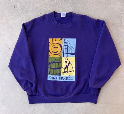 Vintage San Francisco Sweatshirt XL Purple Art Golden Gate Bridge Boat Trolley - Image 1 of 4
