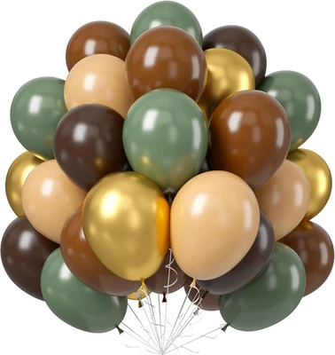 60 PCS Sage Green, Gold, Brown Latex Balloons - Woodland Camo Army Olive Green,  - Image 1 of 4
