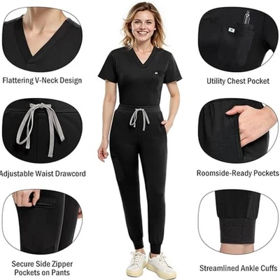 Traje de uniforme de enfermera con cuello en V para mujer Blusa Médica y Pantalones Cómodos Foto 1 de 4