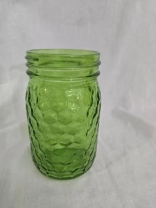 Green Drinking Glass Mason Jar Hexagon Stamped Pattern 14oz 5-1/8" Tall Ir2 - Picture 1 of 5