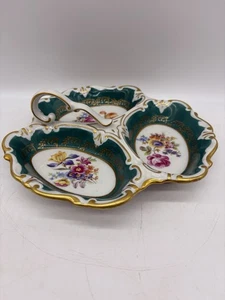 Vintage JLMenau geteilte Schale mit Griff Henneberg Porzellan E Germany grün geblümt - Bild 1 von 6