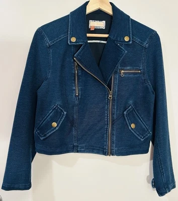 Chaqueta Anthropologie Pilcro Azul Suave Elastizada Denim Cremallera Cuadrada Corta Moto Talla XSP Foto 1 de 4