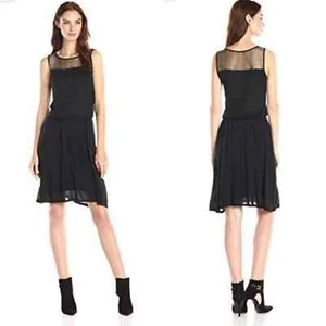 Three Dots Lace Panel Blouson Black Dress Gold Mesh Yoke Sleeveless Size Medium - Picture 1 of 16