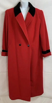 VTG International Scene Pure Wool Long Coat Sz 13/14 Red Velvet Accents Buttoned - Image 1 of 4