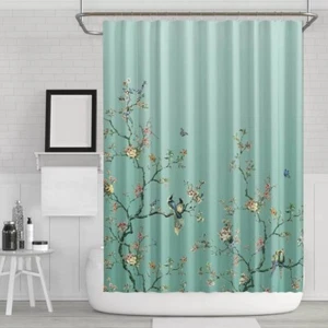 72 inc Teal Blue Green Floral Tree Bird Butterfly Japanese Style Shower Curtain - Picture 1 of 2