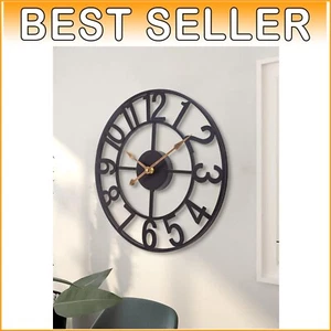 Charming Farmhouse 24-Inch Black Metal Wall Clock - Silent Decor for All Rooms - Picture 1 of 9