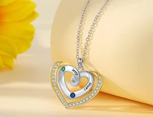 Personalized Engraved Mom Double-Heart Pendant Necklace 2 Names 2 Birthstones - Picture 1 of 5